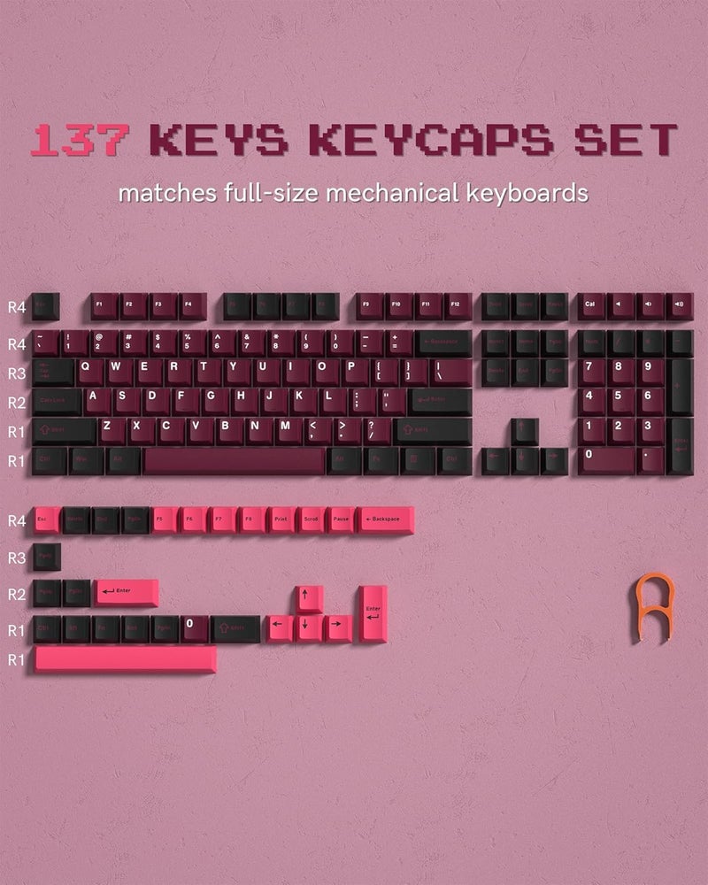 COSTOM Womier Double Shot PBT Keycaps Set 138 Keys, Cherry Profile Custom Keycaps 60 65 75 100 Percent for 61/64/68/84/87/100/104/108 Retro Gaming Mechanical Keyboard (HotPink Black) - Image 2